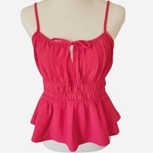 Monteau Coral Peplum Top with Tie Front Detail Smocked Band Pink Size L